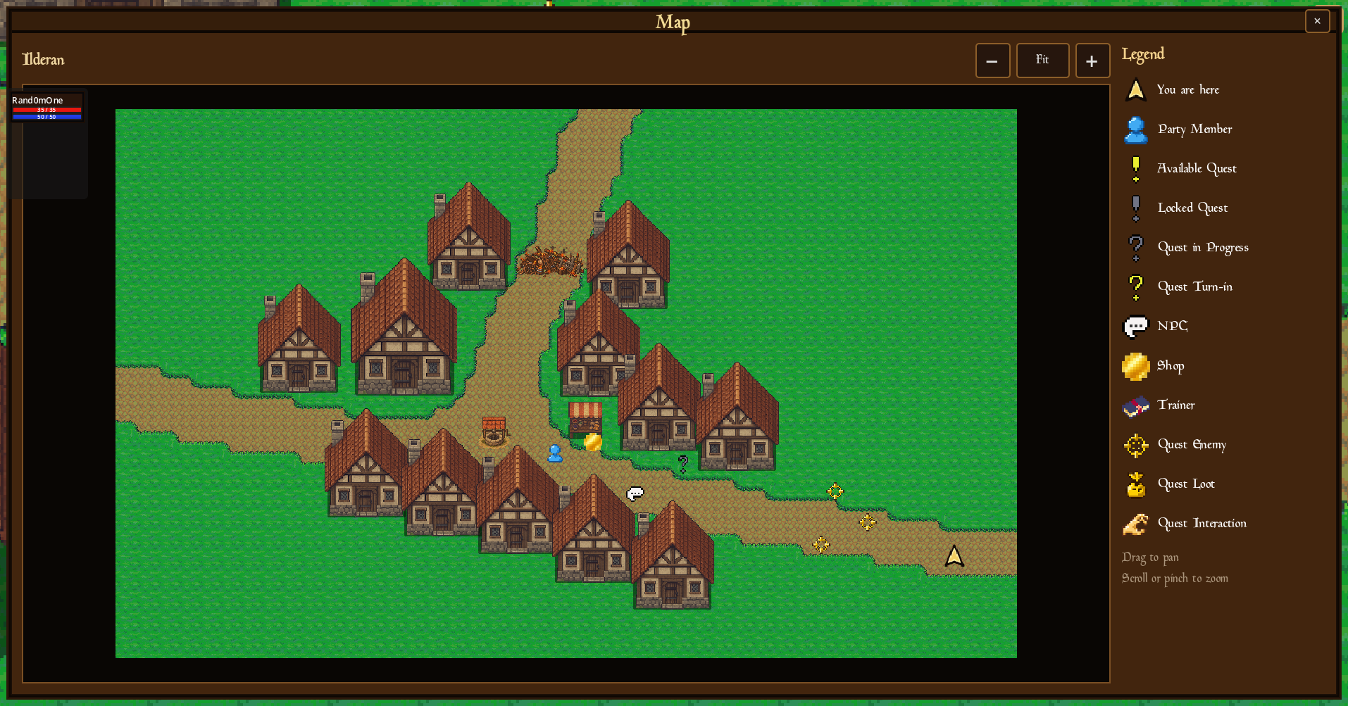 The Ilderan world map with houses, paths, the player position, party member and quest markers beside the map legend