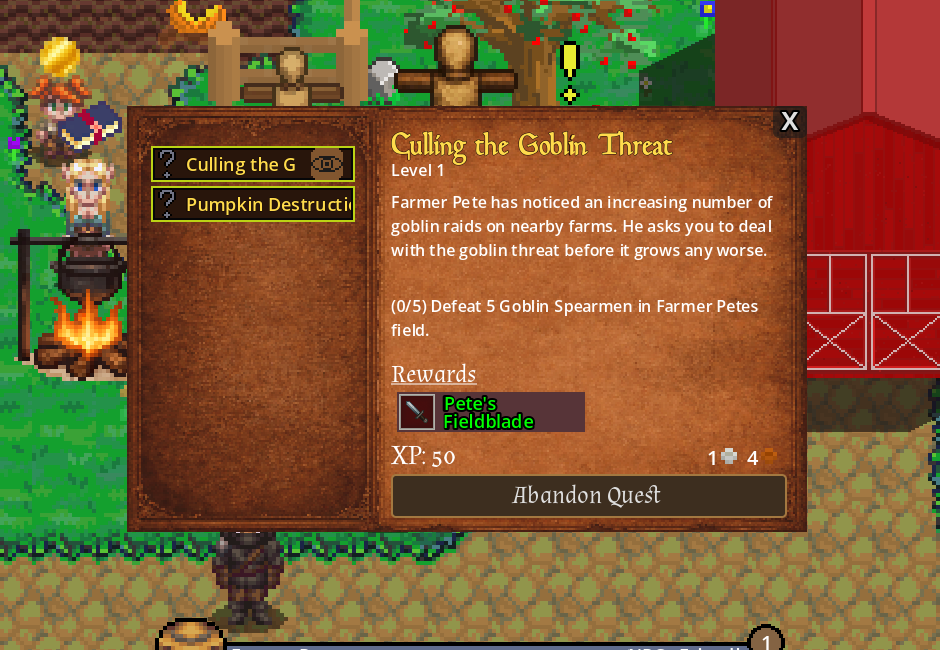 Quest journal showing Culling the Goblin Threat, its story, objective, experience, coin and Pete’s Fieldblade reward