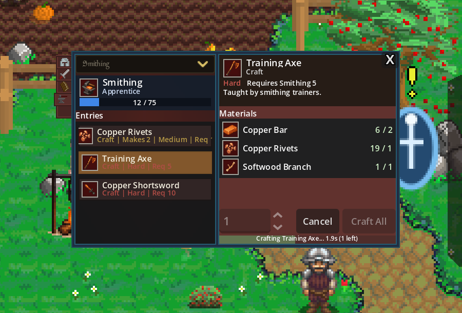 Smithing profession window crafting a Training Axe from Copper Bar, Copper Rivets and Softwood Branch materials