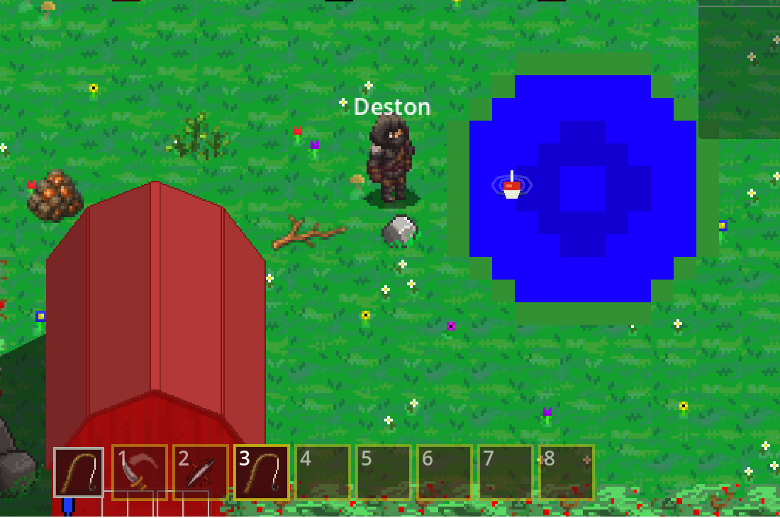 A Rogue fishing beside a blue pool with a red and white float waiting in the water