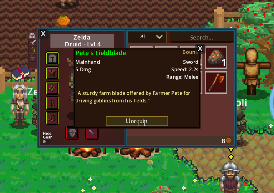 Inventory equipment panel showing the bound Pete’s Fieldblade item details, damage, speed and description