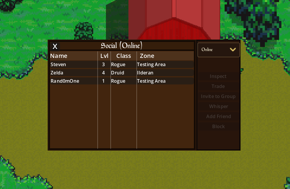 Online Social window listing three players with inspect, trade, group, whisper, friend and block actions