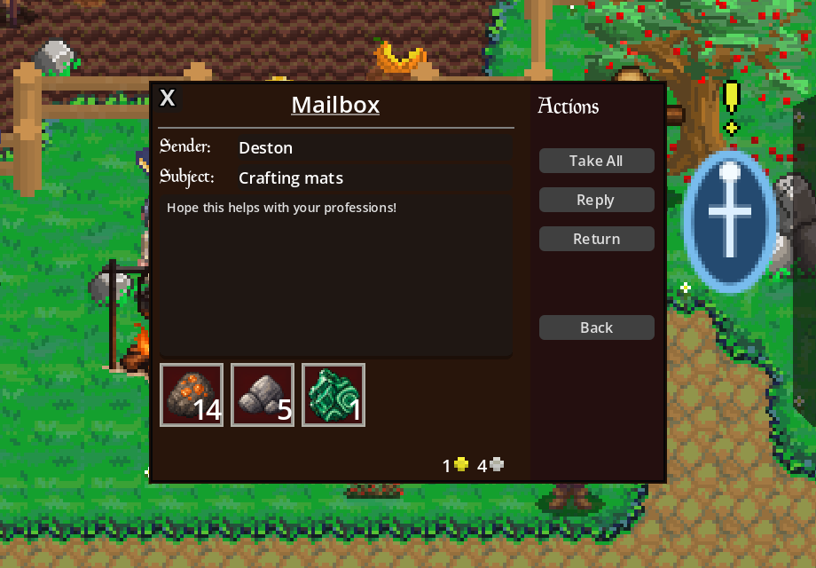 Azulaan mailbox message from Deston containing crafting materials and coin with take, reply and return actions
