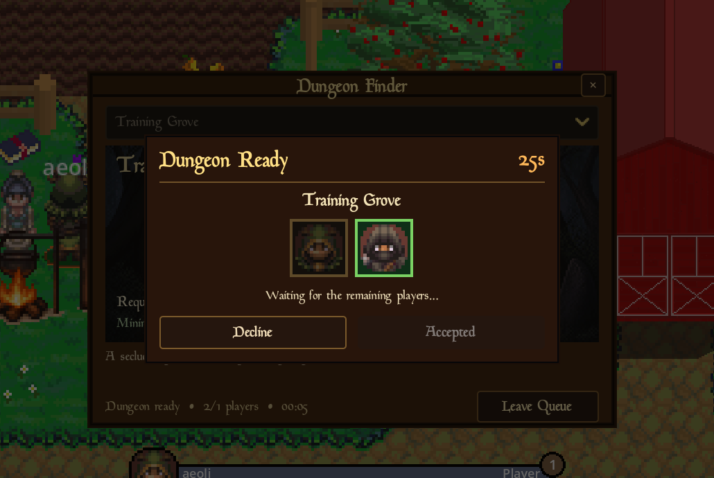 Dungeon Finder ready check for the Training Grove showing two matched adventurers and the acceptance timer