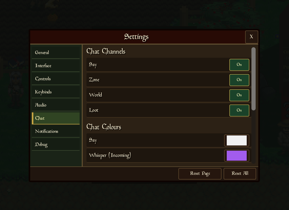 Azulaan settings window showing chat channel toggles and configurable chat colours