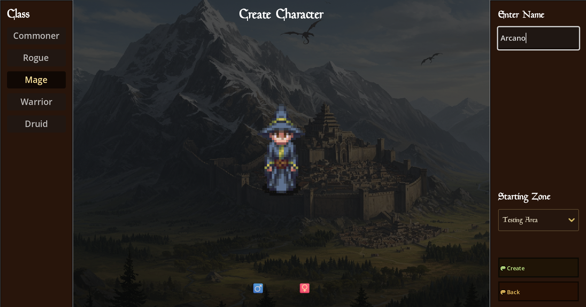 Azulaan character creator showing Mage selected alongside Commoner, Rogue, Warrior and Druid class options