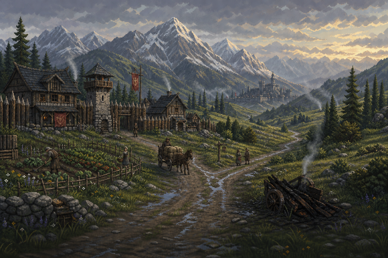 A player overlooking the green fields and winding roads of the Stonegate Highlands